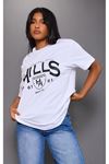 Hidden Hills Süprem T-Shirt - Beyaz Baskılı Oversize Bisiklet Yaka Kısa Kol Tişört