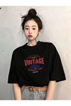 Vintage College T-Shirt - Siyah Baskılı Oversize Bisiklet Yaka Kısa Kol