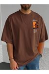 Beach Logo T-Shirt - Kahve Baskılı Oversize Bisiklet Yaka Kısa Kol