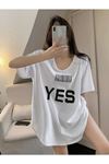 Yes Barkod T-Shirt - Beyaz Baskılı Oversize Bisiklet Yaka Kısa Kol