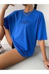 To Rome T-shirt - Saks Mavi Baskılı Oversize Bisiklet Yaka Kısa Kol Tişört