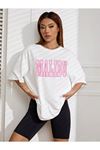Malibu T-shirt - Beyaz Baskılı Oversize Bisiklet Yaka Kısa Kol Tişört