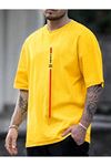 Dikey Yazılı Süprem T-Shirt - Sarı Baskılı Oversize Bisiklet Yaka Kısa Kol Tişört