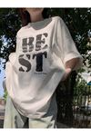 Best T-Shirt - Beyaz Baskılı Oversize Bisiklet Yaka Kısa Kol