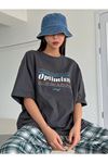 Füme Oversize Optimism T-shirt - Oversize Baskılı