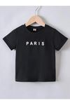 Paris Yazılı Pamuklu Çocuk T-Shirt- Siyah Baskılı Kız Erkek Çocuk Yazlık Bisiklet Yaka Tişört