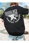 Genuıne Threads Oversize Siyah Baskılı T-shirt - Bisiklet Yaka Kısa Kol Rahat Kalıp Tişört