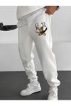Şimşek Ayı Eşofman Altı Jogger - Beyaz Baskılı Lastik Paça Yüksek Bel