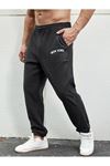 New York Eşofman Altı Jogger - Siyah Baskılı Lastik Paça Yüksek Bel