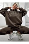 Sierra Nevada Eşofman Takımı Sweatshirt Jogger - Kahverengi Baskılı Oversize Şardonlu Kapüşonlu