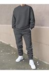 Erkek Düz Eşofman Takımı Sweatshirt Jogger - Antrasit Oversize Şardonlu Bisiklet Yaka