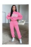 Chicago Eşofman Takımı Sweatshirt Jogger - Pembe Baskılı Oversize Şardonlu Kapüşonlu