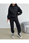 Baskısız Eşofman Takımı Sweatshirt Jogger - Siyah Oversize Şardonlu Kapüşonlu