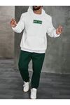 New York Eşofman Takımı Sweatshirt Jogger - Beyaz Nefti Yeşil Baskılı Oversize Şardonlu Kapüşonlu