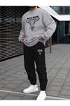 Boğa Eşofman Takımı Sweatshirt Jogger - Üst Gri Alt Siyah Oversize Şardonlu Bisiklet Yaka