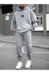 Vip Eşofman Takımı Sweatshirt Jogger - Gri Baskılı Oversize Şardonlu Kapüşonlu