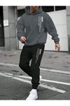 İnnovation Eşofman Takımı Sweatshirt Jogger - Üst Füme Alt Siyah Oversize Şardonlu Kapüşonlu