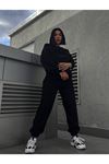 Baskısız Eşofman Takımı Sweatshirt Jogger - Siyah Oversize Şardonlu Bisiklet Yaka