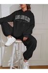 Eşofman Takımı Sweatshirt Jogger - Siyah Baskılı Oversize Şardonlu Kapüşonlu