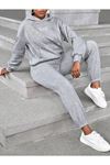 Çift Kelebek Eşofman Takımı Sweatshirt Jogger - Gri Baskılı Oversize Şardonlu Kapüşonlu