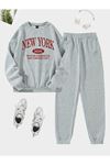 New York Queens Eşofman Takımı Sweatshirt Jogger - Gri Baskılı Oversize Şardonlu Bisiklet Yaka