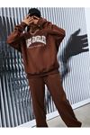 Los Angeles Eşofman Takımı Sweatshirt Jogger - Kahverengi Baskılı Oversize Şardonlu Bisiklet Yaka