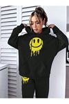 Emoji Eşofman Takımı Sweatshirt Jogger - Siyah Baskılı Oversize Şardonlu Kapüşonlu