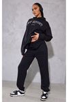 Plt Sport Eşofman Takımı Sweatshirt Jogger - Siyah Baskılı Oversize Şardonlu Kapüşonlu Lastik Paça