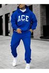 Ace Weekend Kışlık Eşofman Takımı - Sax Mavi Baskılı Oversize Şardonlu Kapüşonlu