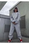 Baskısız Eşofman Takımı Sweatshirt Jogger - Gri Oversize Şardonlu Bisiklet Yaka