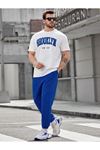 Brooklyn T-shirt Eşofman Altı Jogger - Beyaz T-shirt Sax Mavi Eşofman Takımı Oversize Bisiklet Yaka