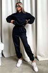 Basic Düz Eşofman Takımı Sweatshirt Jogger - Siyah Oversize Şardonlu Kapüşonlu