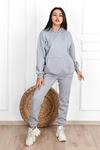 Düz Basic Eşofman Takımı Sweatshirt Jogger - Gri Oversize Şardonlu Kapüşonlu
