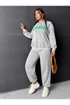 Eşofman Takımı Sweatshirt Jogger - Gri Baskılı Oversize Şardonlu Kapüşonlu