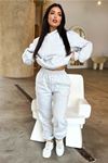 Basic Düz Eşofman Takımı Sweatshirt Jogger - Gri Oversize Şardonlu Kapüşonlu
