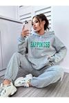 Happiness Eşofman Takımı Sweatshirt Jogger - Gri Baskılı Oversize Şardonlu Kapüşonlu