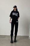 Yale T-shirt Eşofman Altı Jogger - Siyah Baskı Alt Üst Eşofman Takımı Oversize Bisiklet Yaka