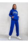 Eşofman Takımı Sweatshirt - Sax Mavi Baskılı Oversize Şardonlu Kapüşonlu
