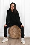 Düz Basic Eşofman Takımı Sweatshirt Jogger - Siyah Oversize Şardonlu Kapüşonlu