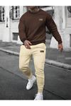 Make İt Eşofman Takımı Sweatshirt Jogger - Üst Kahverengi Alt Bej Oversize Şardonlu Bisiklet Yaka