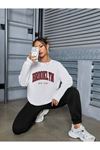 Brooklyn New York Yazı Eşofman Takımı Beyaz Sweatshirt Siyah Jogger - Baskılı Oversize Bisiklet Yak
