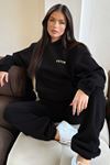Fetch Baskılı Eşofman Takımı Sweatshirt Jogger - Siyah Baskılı Oversize Şardonlu Kapüşonlu