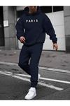 Paris Yazı Eşofman Takımı Sweatshirt Jogger - Lacivert Baskılı Oversize Şardonlu Kapüşonlu