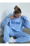 Ellore Australia Eşofman Takımı Sweatshirt Jogger - Bebe Mavisi Baskılı Oversize Şardonlu Kapüşonlu