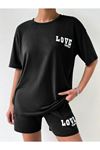 Love Yourself T-shirt Şort - Siyah Alt Üst Kombin Şort Tişört Takım Baskılı Oversize Bisiklet Yaka