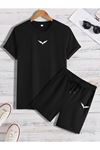 Wings T-shirt Şort - Siyah Alt Üst Kombin Şort Tişört Takım Baskılı Oversize Bisiklet Yaka
