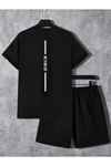 King Sırt T-shirt Şort - Siyah Alt Üst Kombin Şort Tişört Takım Baskılı Oversize Bisiklet Yaka