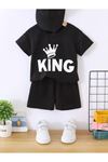 King Taç Baskılı Pamuklu Çocuk Siyah Çocuk Şort T-shirt Takım-kız Erkek Çocuk Yazlık Bisiklet Yaka