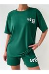 Love Yourself T-shirt Şort - Yeşil Alt Üst Kombin Şort Tişört Takım Baskılı Oversize Bisiklet Yaka