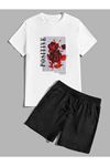 Positive Rose T-shirt Şort - Beyaz Siyah Alt Üst Takım Şort Tişört Kombin Baskılı Bisiklet Yaka